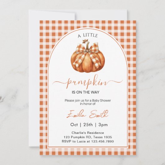 Een beetje pompoen Sinaasappel gingham Baby shower Kaart (Voorkant)