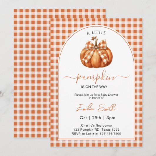 Een beetje pompoen Sinaasappel gingham Baby shower Kaart (Voorkant / Achterkant)