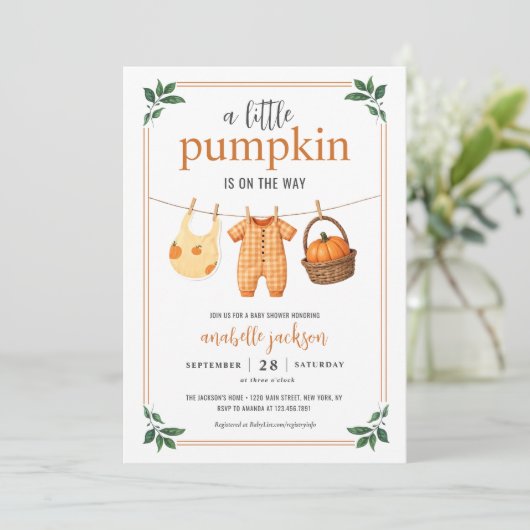 Een beetje pompoen waslijn Herfst Baby shower Kaart (Staand voorkant)