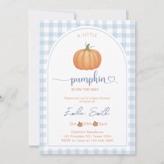 Een beetje Pumpkin Blue Gingham Herfst Baby shower Kaart (Voorkant)