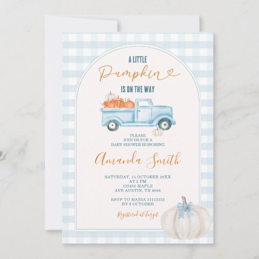 Een beetje Pumpkin Blue Truck Gingham Baby shower Kaart (Voorkant)