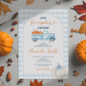 Een beetje Pumpkin Blue Truck Gingham Baby shower Kaart