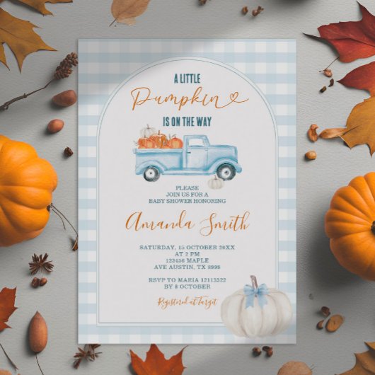 Een beetje Pumpkin Blue Truck Gingham Baby shower Kaart