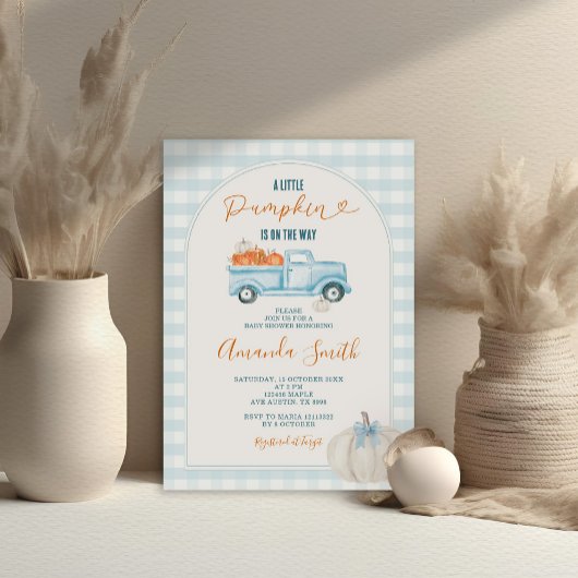 Een beetje Pumpkin Blue Truck Gingham Baby shower Kaart