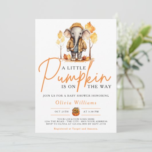 Een beetje Pumpkin Herfst Herfst olifant Baby show Kaart (Staand voorkant)