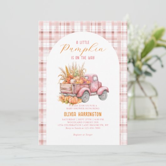 Een beetje Pumpkin Pink Truck Girl Baby shower Kaart (Staand voorkant)