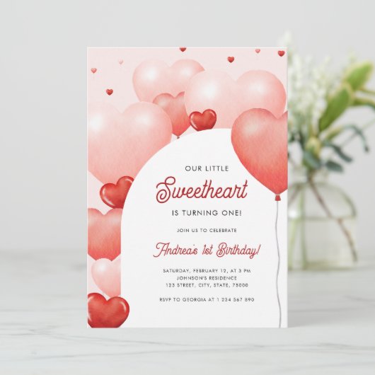 Een beetje schatje roze rode ballonnen 1e verjaard kaart (Staand voorkant)