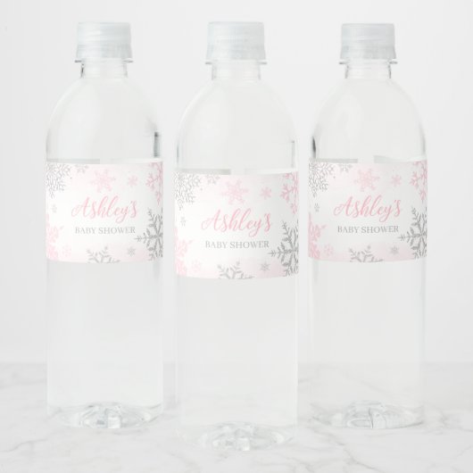 Een beetje sneeuwvlok roze Baby shower Waterfles Etiket (Flessen)