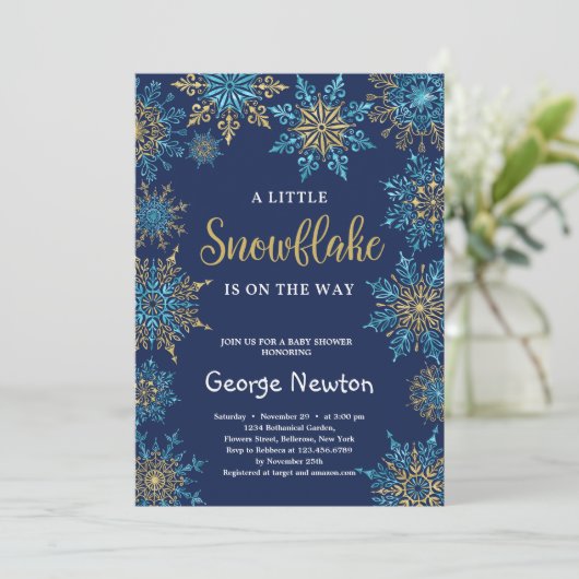 Een beetje sneeuwvlokken is op weg naar baby showe kaart (Staand voorkant)