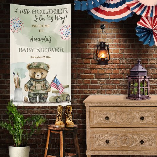 Een beetje soldaat jongen teddybeer Baby shower Spandoek