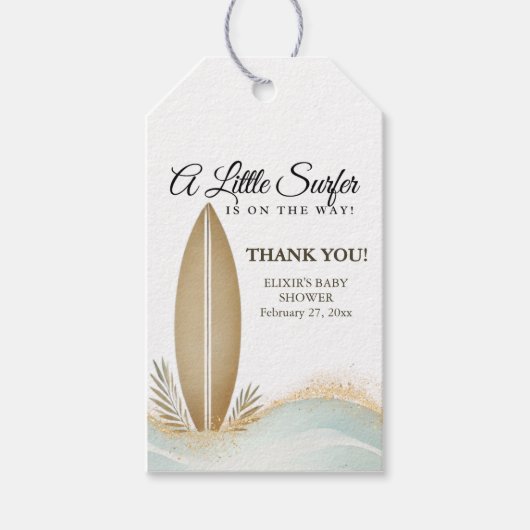 Een beetje surfer minimalistische gouden Baby show Cadeaulabel (Voorkant)