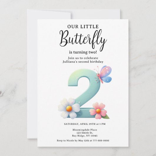 Een beetje vlinder 2e verjaardag Schattige nummer Kaart (Voorkant)