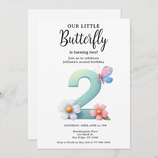 Een beetje vlinder 2e verjaardag Schattige nummer  Kaart (Voorkant / Achterkant)