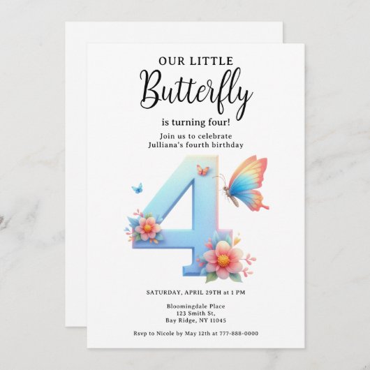 Een beetje vlinder 4e verjaardag Schattige nummer  Kaart (Voorkant / Achterkant)