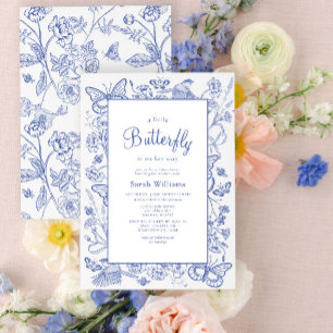Een beetje vlinder blauw & wit bloemig Baby shower Kaart
