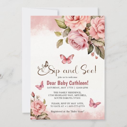 Een beetje vlinder bloemig Baby shower Sip and See Kaart (Voorkant)