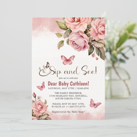Een beetje vlinder bloemig Baby shower Sip and See Kaart (Staand voorkant)