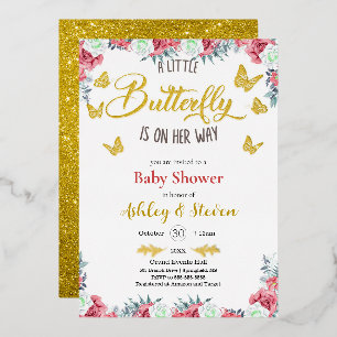 Een beetje vlinder is onderweg naar Baby shower go Folie Uitnodiging