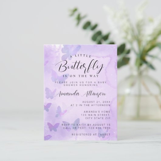 Een beetje vlinder Paarse Baby shower Briefkaart (Staand voorkant)