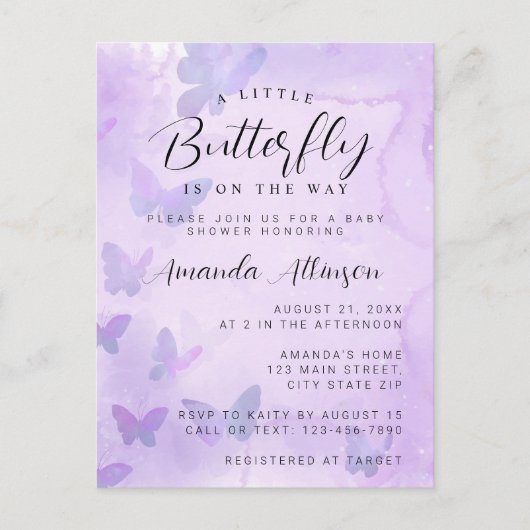 Een beetje vlinder Paarse Baby shower Briefkaart (Voorkant)
