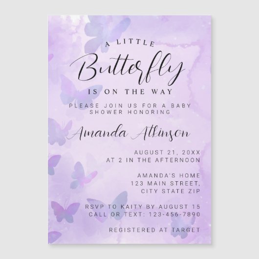 Een beetje vlinder Paarse Baby shower Magnetische Uitnodiging (Voorkant)