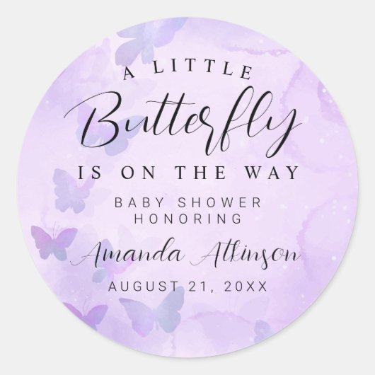 Een beetje vlinder Paarse Baby shower Ronde Sticker (Voorkant)