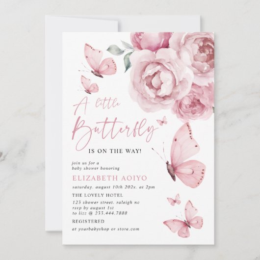 Een beetje vlinder roze bloemen Rozen Baby shower Kaart (Voorkant)