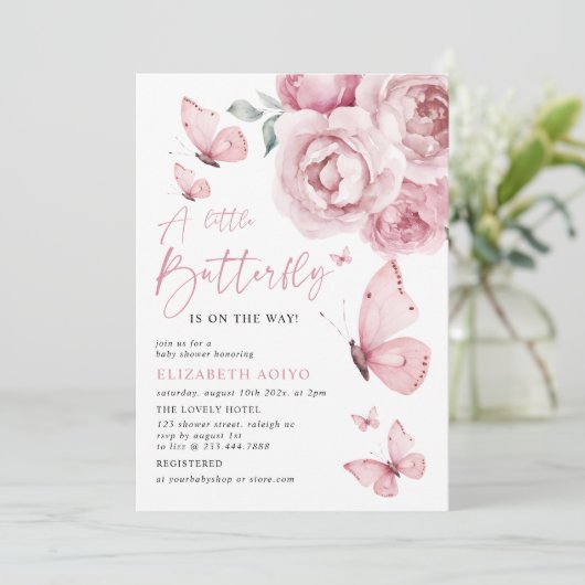 Een beetje vlinder roze bloemen Rozen Baby shower Kaart (Staand voorkant)