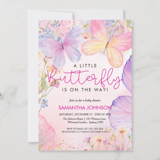 Een beetje vlinder roze bloementuin baby shower kaart (Voorkant)