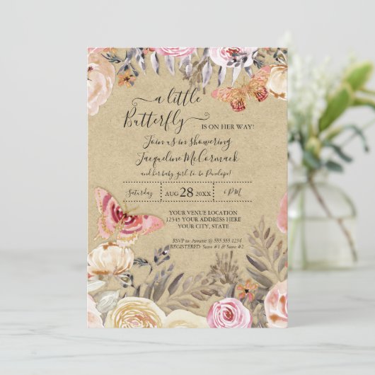 Een beetje vlinder Waterverf Blush Floral Baby Kaart (Staand voorkant)