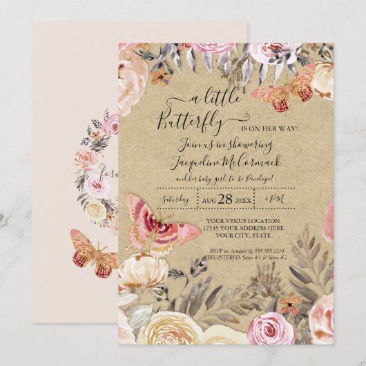 Een beetje vlinder Waterverf Blush Floral Baby Kaart (Voorkant / Achterkant)