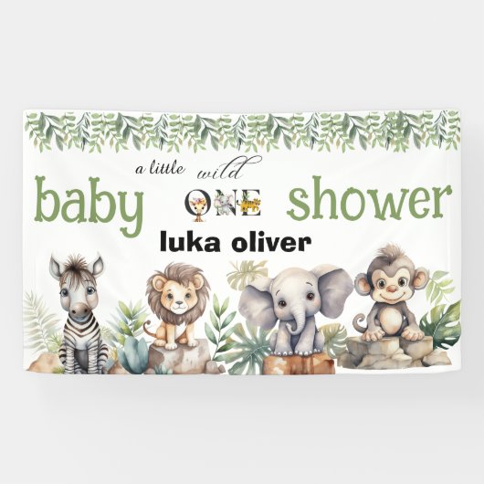 Een beetje wild een safari dieren baby shower spandoek (Horizontaal)