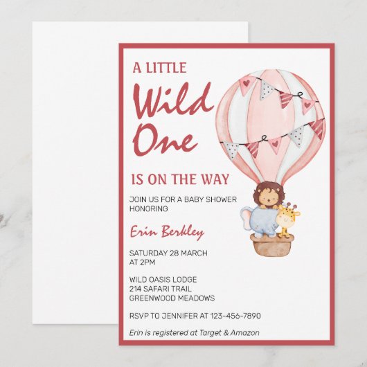 Een beetje wild is onderweg naar roze Baby shower Kaart (Voorkant / Achterkant)