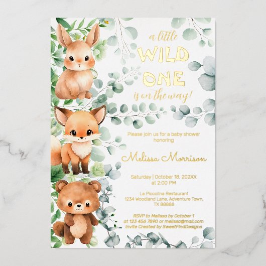 Een beetje Wild One Baby Animals Baby shower Folie Uitnodiging (Voorkant)