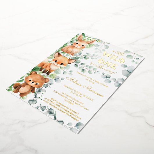 Een beetje Wild One Baby Animals Baby shower Folie Uitnodiging (Gedraaid)