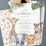 Een beetje wild, Safari Dieren Baby Jongen Douche Kaart<br><div class="desc">Nodig uw gasten uit voor een wild avontuur met de "Wild One Safari Baby Animals Baby Boy Shower Invitation." Deze uitnodiging is ideaal voor het vieren van een binnenkort te arriveren babyjongen en bevat schattige waterverf safaridieren van een giraffe, een olifant, een leeuw en een zebra. Verkrijgbaar in A7-kaart, vierkant...</div>