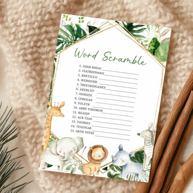 Een beetje wild woord-ontwarspel (Greenery Jungle Baby Shower  Word Scramble Game)