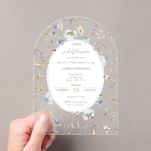 Een beetje wilde bloem is onderweg Baby shower Acryl Uitnodigingen (Insitu (Draagbaar))