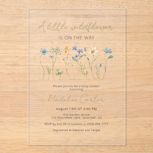 Een beetje Wildflower Floral Neutral Baby shower Acryl Uitnodigingen (Voorkant)
