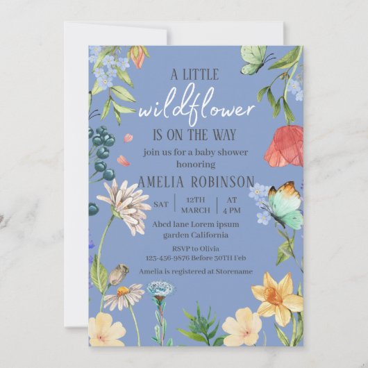 Een beetje Wildflower meisje Baby shower blauw Kaart (Voorkant)