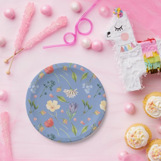 Een beetje Wildflower meisje Baby shower blauw Papieren Bordje (Feest)