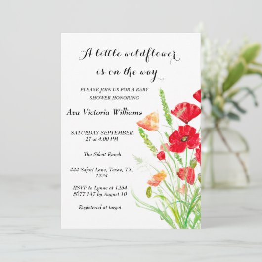 Een beetje Wildflower Meisje Baby shower Poppies Kaart (Staand voorkant)