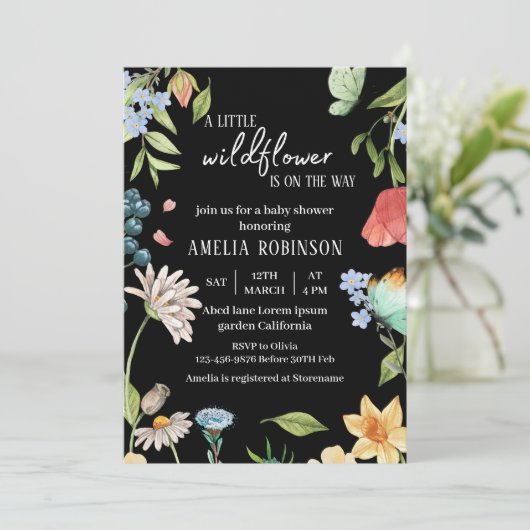 Een beetje Wildflower Meisje Baby shower Zwart Kaart (Staand voorkant)