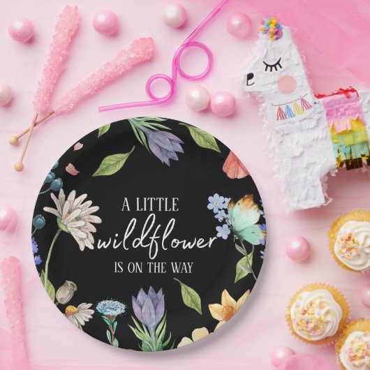 Een beetje Wildflower Meisje Baby shower Zwart Papieren Bordje (Feest)