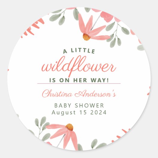 Een beetje Wildflower Meisje Perzik Baby shower Ronde Sticker (Voorkant)