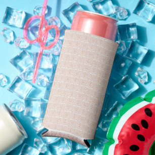 Een beige en wit geruit patroon op een witte achte seltzer blikjeskoeler