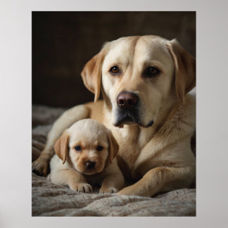 Een beige Labrador Vrouw met een pasgeboren puppy Poster