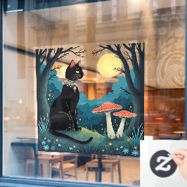 Een bekende zwarte kat en paddestoelen Halloween 1 Raamsticker