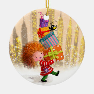 Een berg cadeaus en gegiechel keramisch ornament