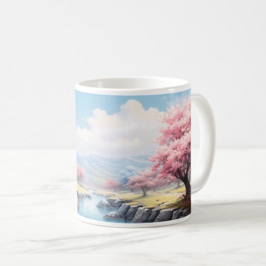 Een berg, rivier en een boom in de lente koffiemok (Voorkant rechts)